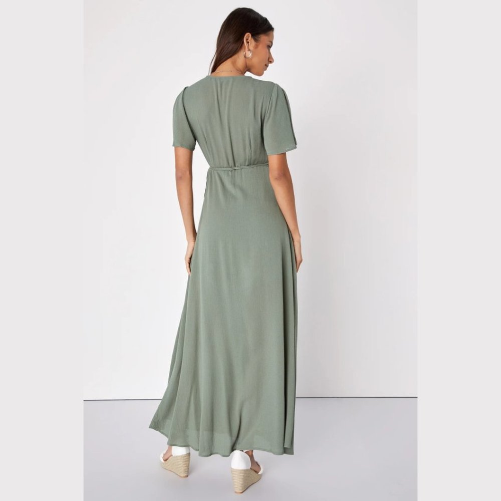 👗 LULU'S | Much Obliged Washed Olive Green Wrap Maxi Dress | Size S - Picture 3 of 12